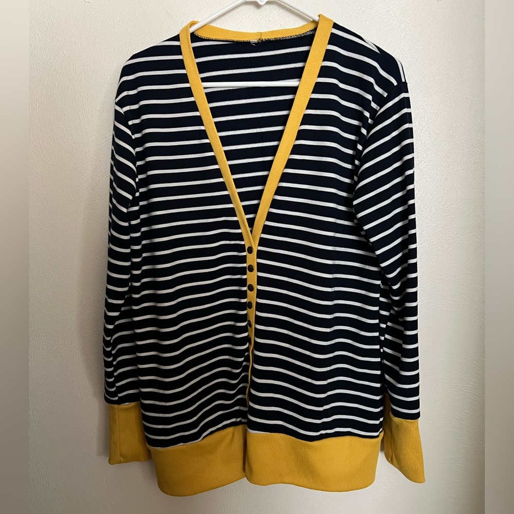 NO BRAND Classic Striped Button Down V Neck Cardigan Blue White Yellow Womens 2X